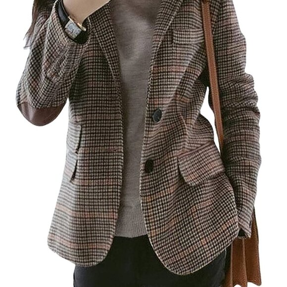 Chic Lapel Collar Plaid Business Blazer Lightweight Tweed Office Jacket